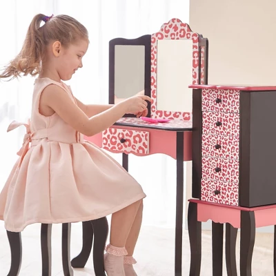 Fashion Leopard Prints Gisele Play Wooden Vanity Set Pink / Black - Teamson Kids 2 Fashion Leopard Prints Gisele Play Wooden Vanity Set Pink / Black - Teamson Kids - Image 2