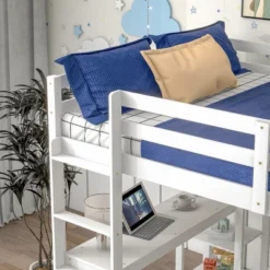 Wooden Loft Bed With Ladder, Desk And Shelves-ModernLuxe -Children Household Series GUEST b9b386d4 a722 4c21 9d89 77b8fbc54639