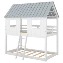 Twin Over Twin Low Bunk Beds With House Shaped Roof And Guardrail, White-ModernLuxe -Children Household Series GUEST bd7f0bb8 5c84 4939 9f57 343b13d1d4f6