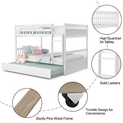 Costway Full Over Full Bunk Bed Platform Wood Bed W/ Trundle & Ladder Rail Brown/White 7 Costway Full Over Full Bunk Bed Platform Wood Bed W/ Trundle & Ladder Rail Brown/White - Image 7