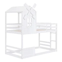 Twin Over Twin Bunk Bed With Roof, Window, Guardrails And Ladder - ModernLuxe -Children Household Series GUEST c08b1bcf efa8 4446 8964 959872628796