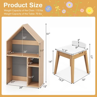 Costway Kids House-Shaped Table & Chair Set Wooden Toy Organizer Cabinet With Blackboard Grey/White 3 Costway Kids House-Shaped Table & Chair Set Wooden Toy Organizer Cabinet With Blackboard Grey/White - Image 3