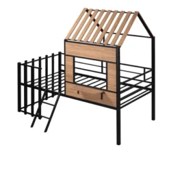 Metal Twin Size Loft Bed With Roof, Windows, Railing And Ladder - ModernLuxe -Children Household Series GUEST c34060c7 7e7b 4f93 9f9d 28085193c9a6