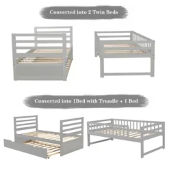 Twin Over Twin Wood Bunk Bed With Safety Rail And Movable Trundle-ModernLuxe -Children Household Series GUEST c56f3241 6b72 4864 a7c9 a6e7935dd051