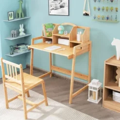 Costway Bamboo Kids Study Desk And Chair Set Height Adjustable Home School W/ Bookshelf -Children Household Series GUEST c6da1f18 9aaf 4d5c ba3a eee9f2393b06