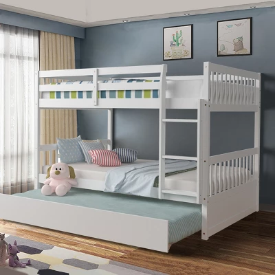 Costway Full Over Full Bunk Bed Platform Wood Bed W/ Trundle & Ladder Rail Brown/White 2 Costway Full Over Full Bunk Bed Platform Wood Bed W/ Trundle & Ladder Rail Brown/White - Image 2