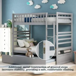 Twin Over Twin Wood Bunk Bed With Safety Rail And Movable Trundle-ModernLuxe -Children Household Series GUEST dbb427aa 72a4 4454 9c94 64abed12af69