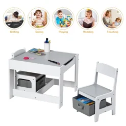 Costway Kids Table Chairs Set With Storage Boxes Blackboard Whiteboard Drawing GreyNature -Children Household Series GUEST dbcda91c 63fa 4a81 a885 d86aa2526a17