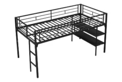 Metal Twin Size Low Loft Bed With Storage Shelf And Stairs, Black - ModernLuxe -Children Household Series GUEST dd82cb50 f6d7 4472 b8f3 4422a3751b2f