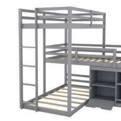 Twin Size L-shaped Wood Triple Bunk Bed With Storage Cabinet, Ladder And Blackboard-ModernLuxe -Children Household Series GUEST dee116af 9f88 4ab6 84f5 058e066011ee