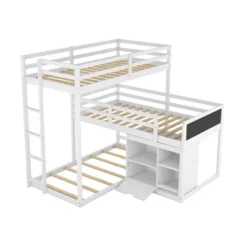 Twin Size L-shaped Wood Triple Bunk Bed With Storage Cabinet, Ladder And Blackboard-ModernLuxe -Children Household Series GUEST e0255907 8069 4613 8d11 0d512c2b1819
