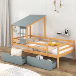 Twin Size House Low Loft Bed With Two Storage Drawers - ModernLuxe -Children Household Series GUEST e1dca61d fda9 4e74 b7bf 006a0e1b202f