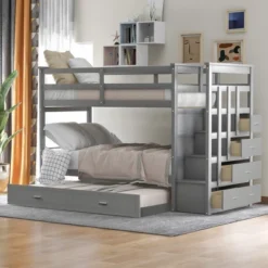 Twin Over Twin Wood Bunk Bed With 4 Drawers, Trundle And Staircase-ModernLuxe -Children Household Series GUEST e332f041 c709 4c40 9e1a e96ef2d74b04