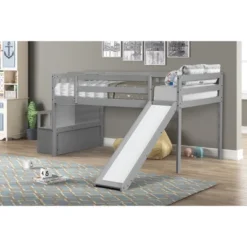Twin Size Loft Bed With Staircase, Safety Guardrails And Slide-ModernLuxe