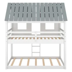 Twin Over Twin Low Bunk Beds With House Shaped Roof And Guardrail, White-ModernLuxe -Children Household Series GUEST e3cf5099 0a48 4cd6 91e5 6ea278d6dd20