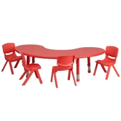 Emma And Oliver 35"W X 65"L Half-Moon Plastic Height Adjustable Activity Table Set With 4 Chairs