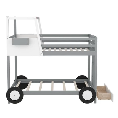 Twin Over Twin Car-Shaped Bunk Bed With Wheels, Drawers And Shelves, Gray - ModernLuxe 4 Twin Over Twin Car-Shaped Bunk Bed With Wheels, Drawers And Shelves, Gray - ModernLuxe - Image 4
