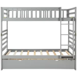 Twin Over Twin Wood Bunk Bed With Safety Rail And Movable Trundle-ModernLuxe -Children Household Series GUEST e64df2bd 89ba 45b9 8bf7 5eafee0d7725