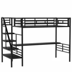 Metal Twin Size Loft Bed With Desk, Black - ModernLuxe -Children Household Series GUEST e8466f4c 1afa 4d67 ba26 e85ca4018f96
