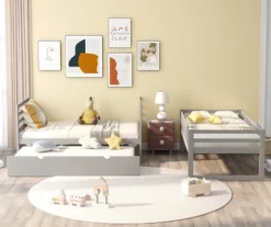 Twin Over Twin Wood Bunk Bed With Safety Rail And Movable Trundle-ModernLuxe -Children Household Series GUEST eb60f675 0434 43e8 882e f0a620639d97