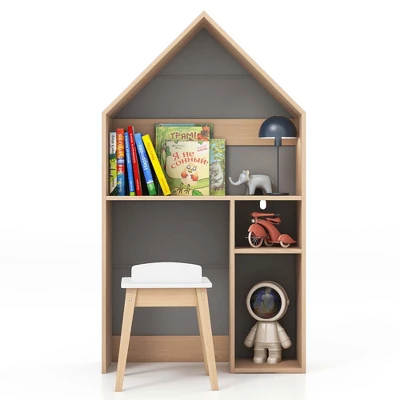 Costway Kids House-Shaped Table & Chair Set Wooden Toy Organizer Cabinet With Blackboard Grey/White 9 Costway Kids House-Shaped Table & Chair Set Wooden Toy Organizer Cabinet With Blackboard Grey/White - Image 9