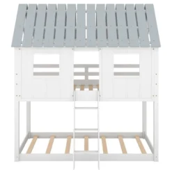 Twin Over Twin Low Bunk Beds With House Shaped Roof And Guardrail, White-ModernLuxe -Children Household Series GUEST f3759667 2c9b 4baa a7bf 15f9a4b8f28f