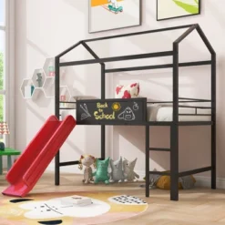 Twin Size Metal House Loft Bed With Slide And Two-Sided Writable Wooden Board-ModernLuxe -Children Household Series GUEST f3bdae1c 224e 4029 8cea 58f1e40d663e
