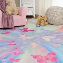 Butterfly Colorful Kids Playroom Nursery Washable Indoor Area Rug By Blue Nile Mills -Children Household Series GUEST f412a38a a2b5 4d57 b0dd 223630649e1c