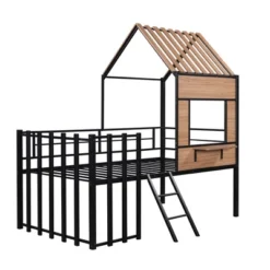 Metal Twin Size Loft Bed With Roof, Windows, Railing And Ladder - ModernLuxe -Children Household Series GUEST f5d747ac d17e 4fad a5c0 b0415fe6e818