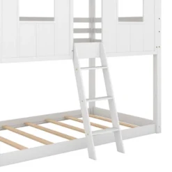 Twin Over Twin Low Bunk Beds With House Shaped Roof And Guardrail, White-ModernLuxe -Children Household Series GUEST f701df88 344a 4153 a870 577797c403a1