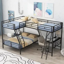 Twin Over Full Metal Bunk Bed With Twin Size Loft Bed And Desk, Black - ModernLuxe